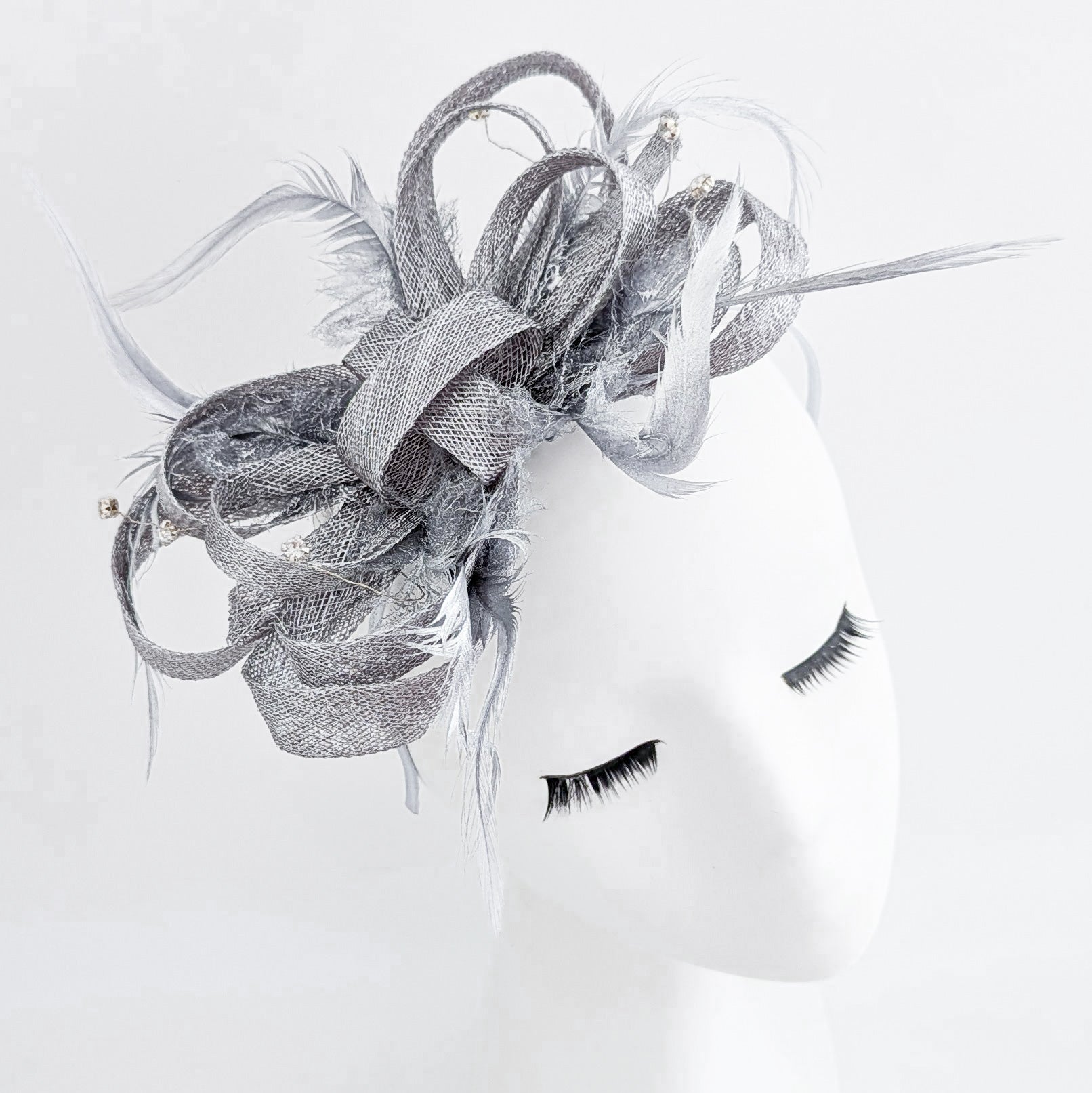 Silver shimmer crystal feather fascinator hat - House of Hats