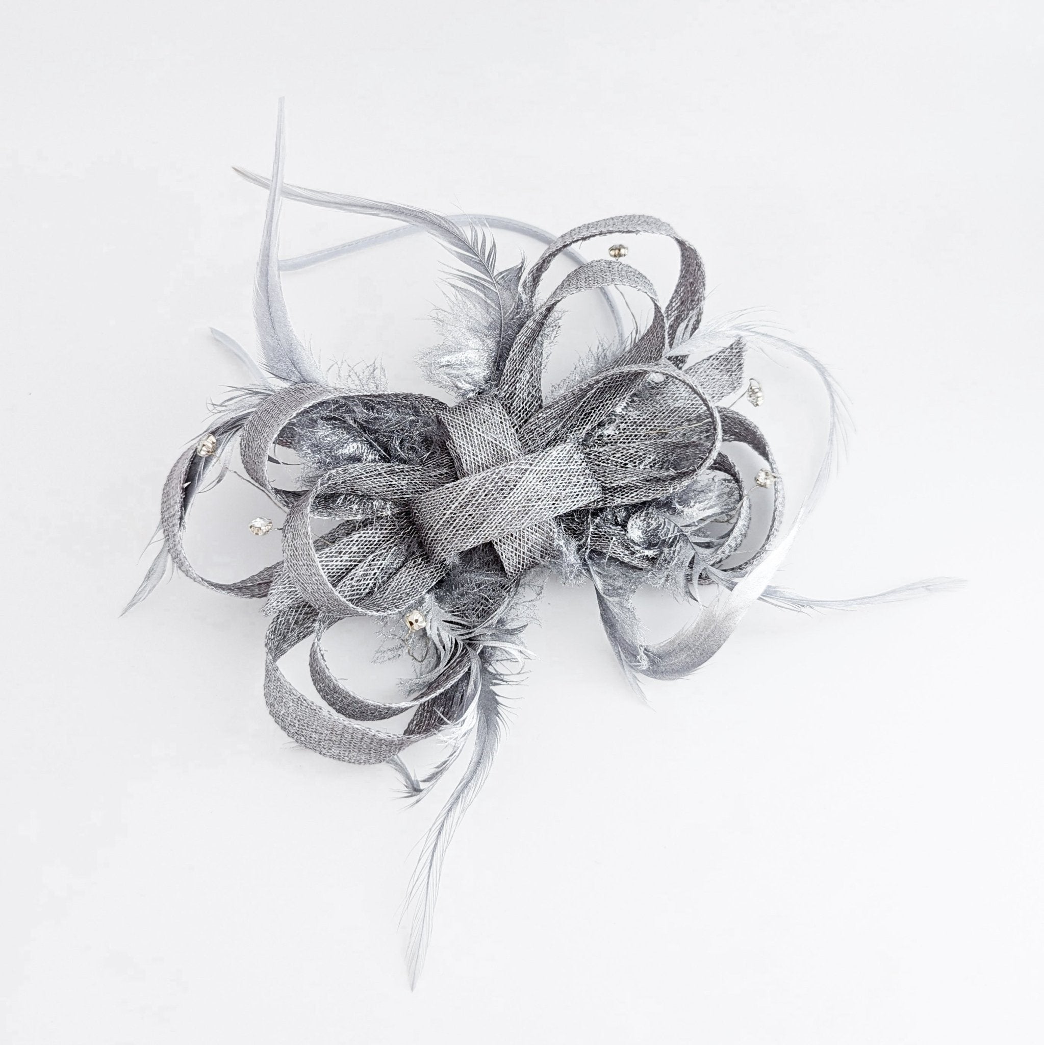 Silver shimmer crystal feather fascinator hat - House of Hats