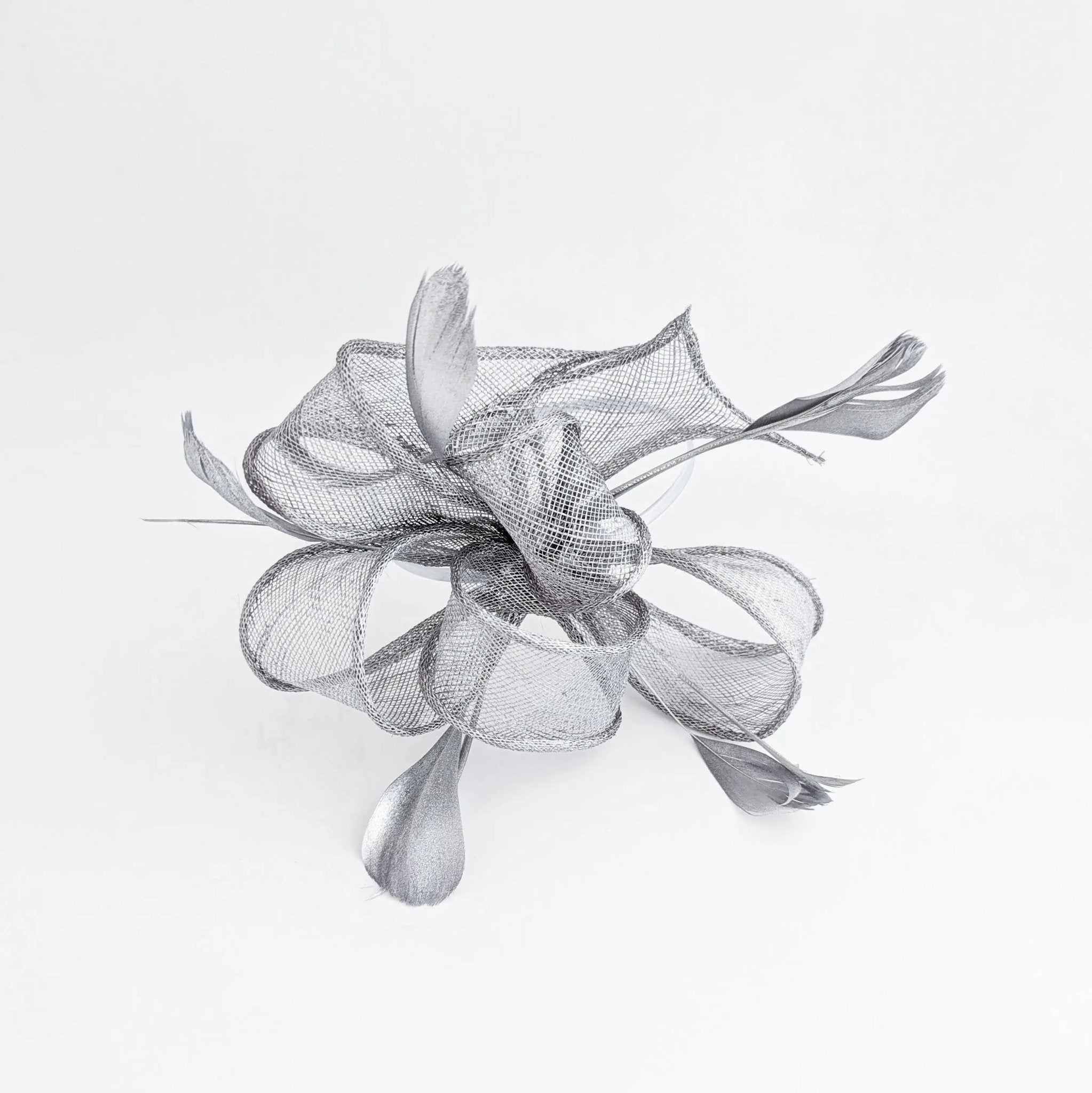 Silver shimmer feather fascinator hat - House of Hats