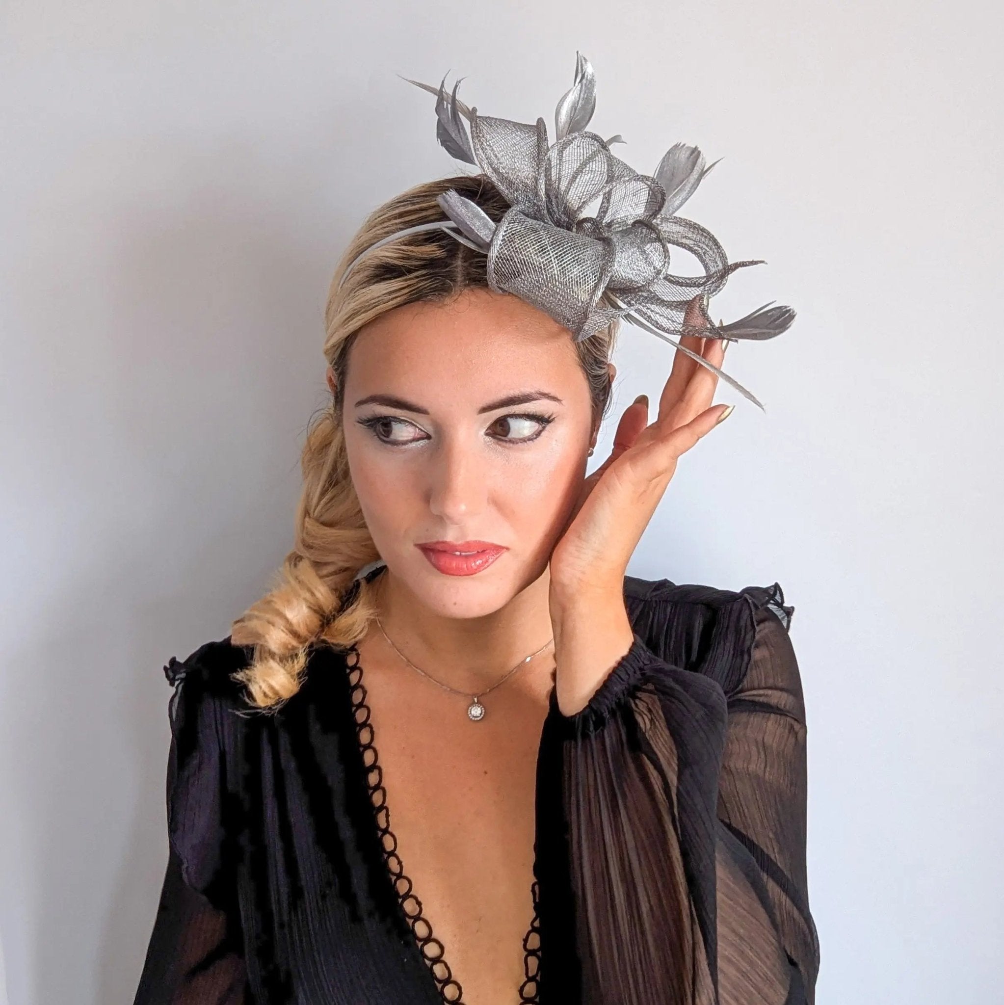 Silver shimmer feather fascinator hat - House of Hats
