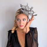 Silver shimmer feather fascinator hat - House of Hats