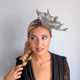 Silver shimmer feather fascinator hat - House of Hats