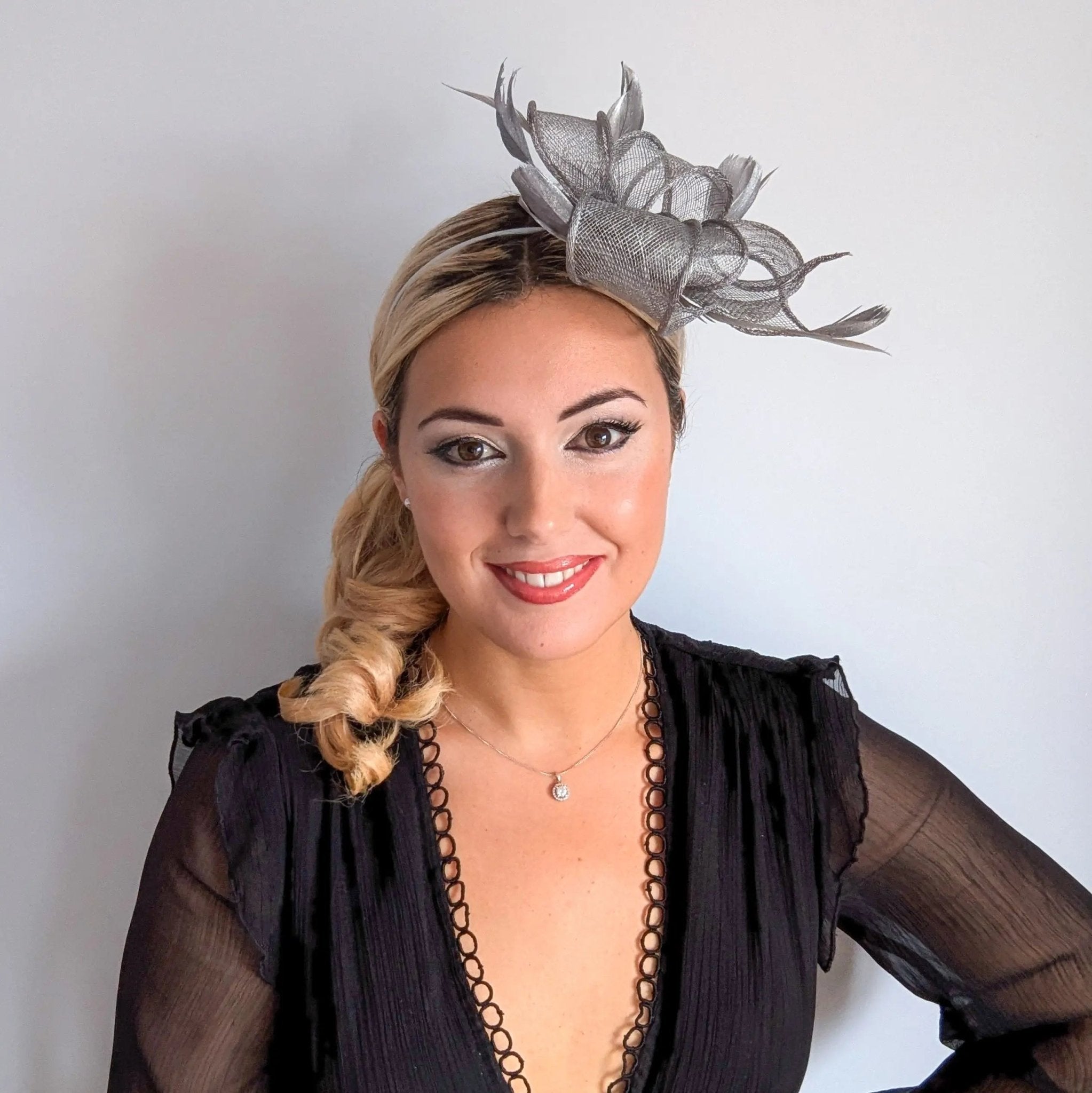 Silver shimmer feather fascinator hat - House of Hats