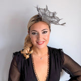 Silver shimmer feather fascinator hat - House of Hats