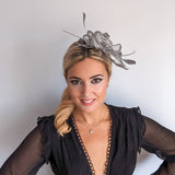 Silver shimmer feather fascinator hat - House of Hats