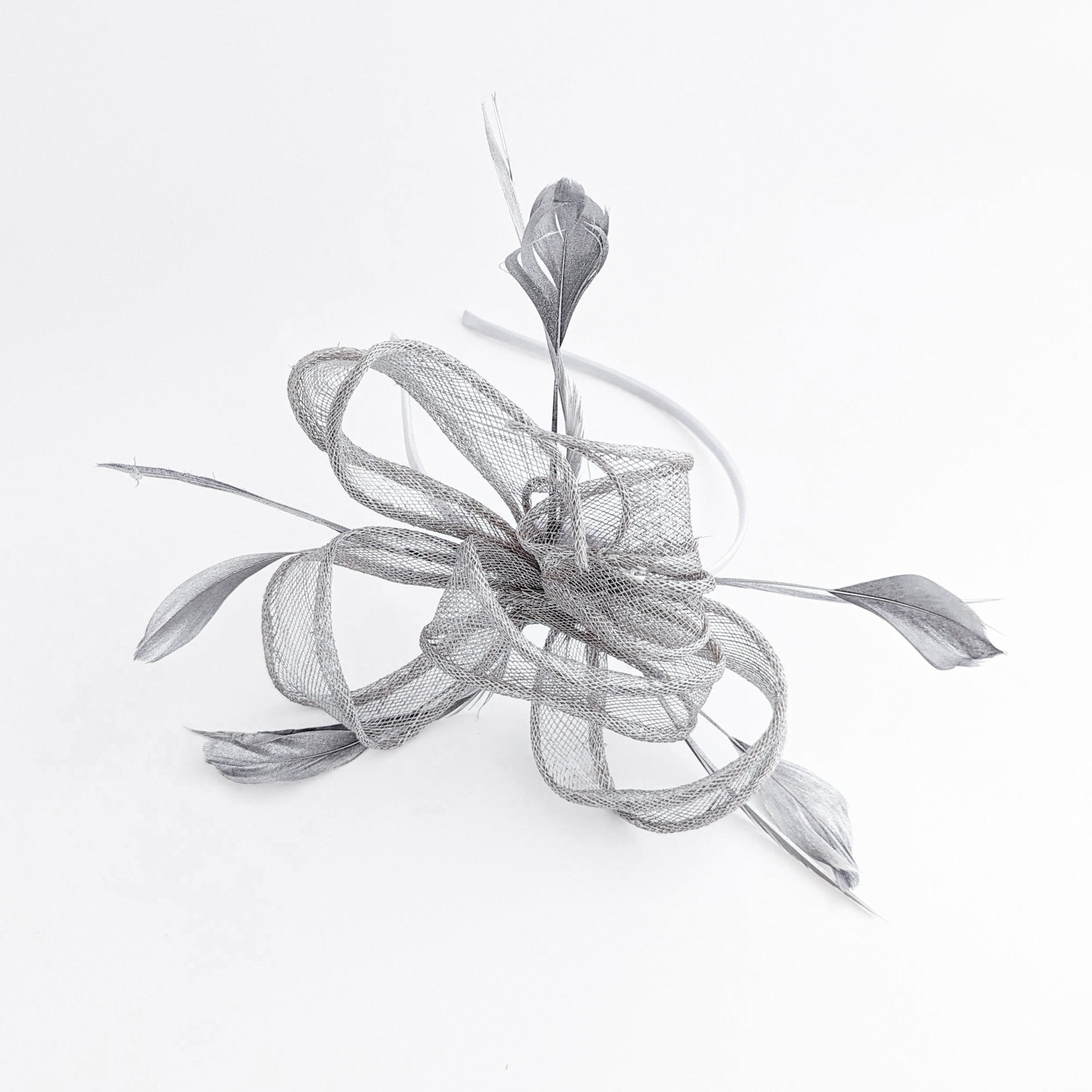 Silver shimmer feather fascinator hat - House of Hats