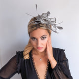 Silver shimmer feather fascinator hat - House of Hats