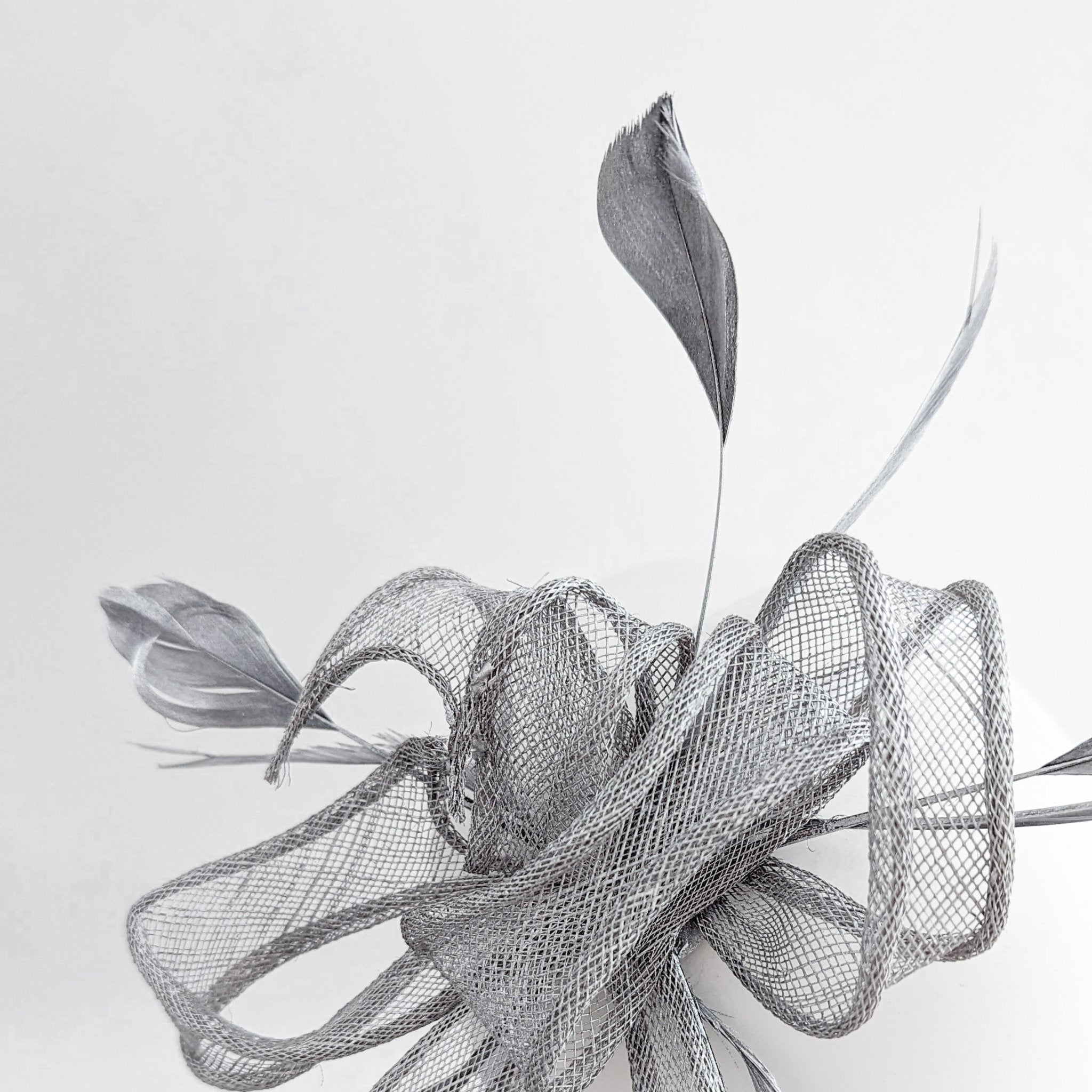 Silver shimmer feather fascinator hat - House of Hats