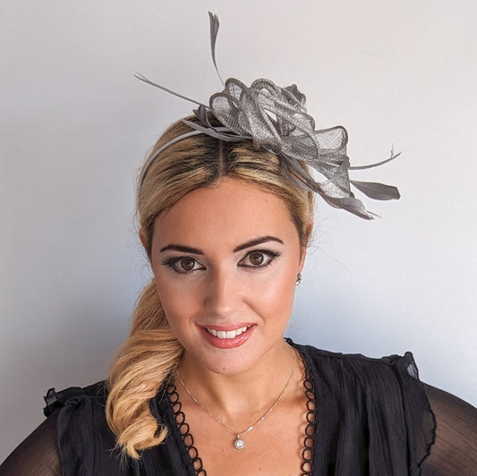 Silver shimmer feather fascinator hat - House of Hats