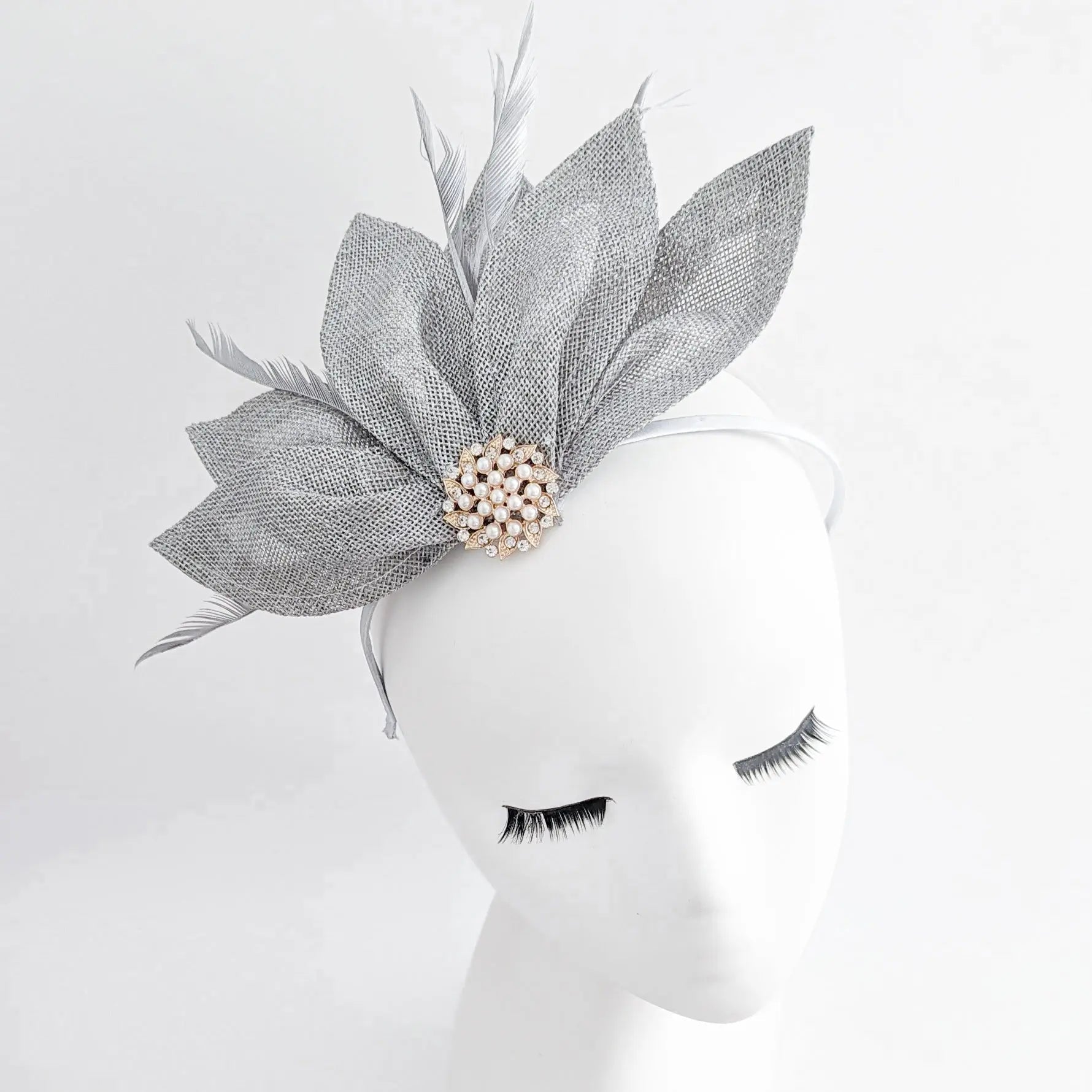 Silver shimmer feather petal fan fascinator hat - House of Hats