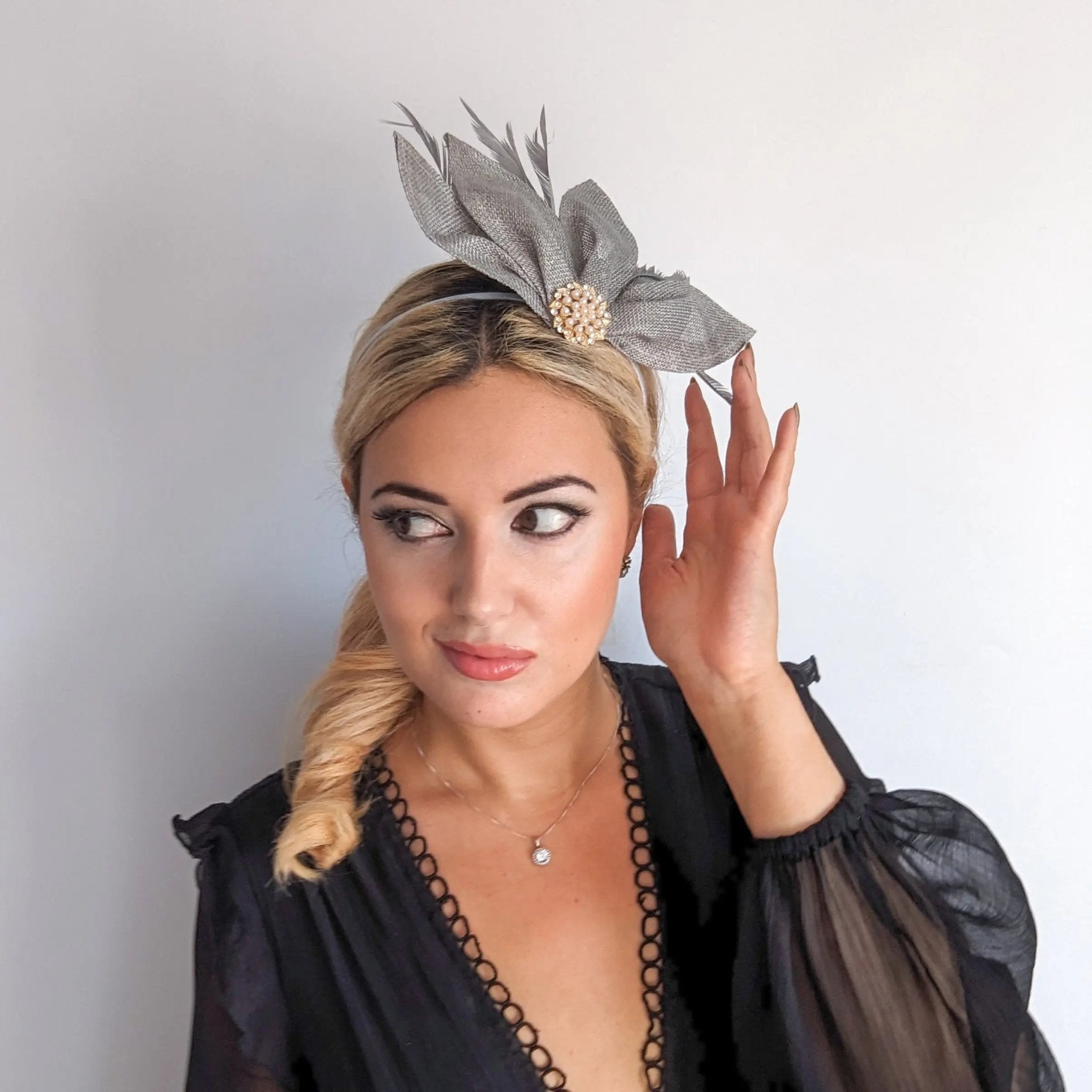 Silver shimmer feather petal fan fascinator hat - House of Hats