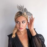 Silver shimmer feather petal fan fascinator hat - House of Hats