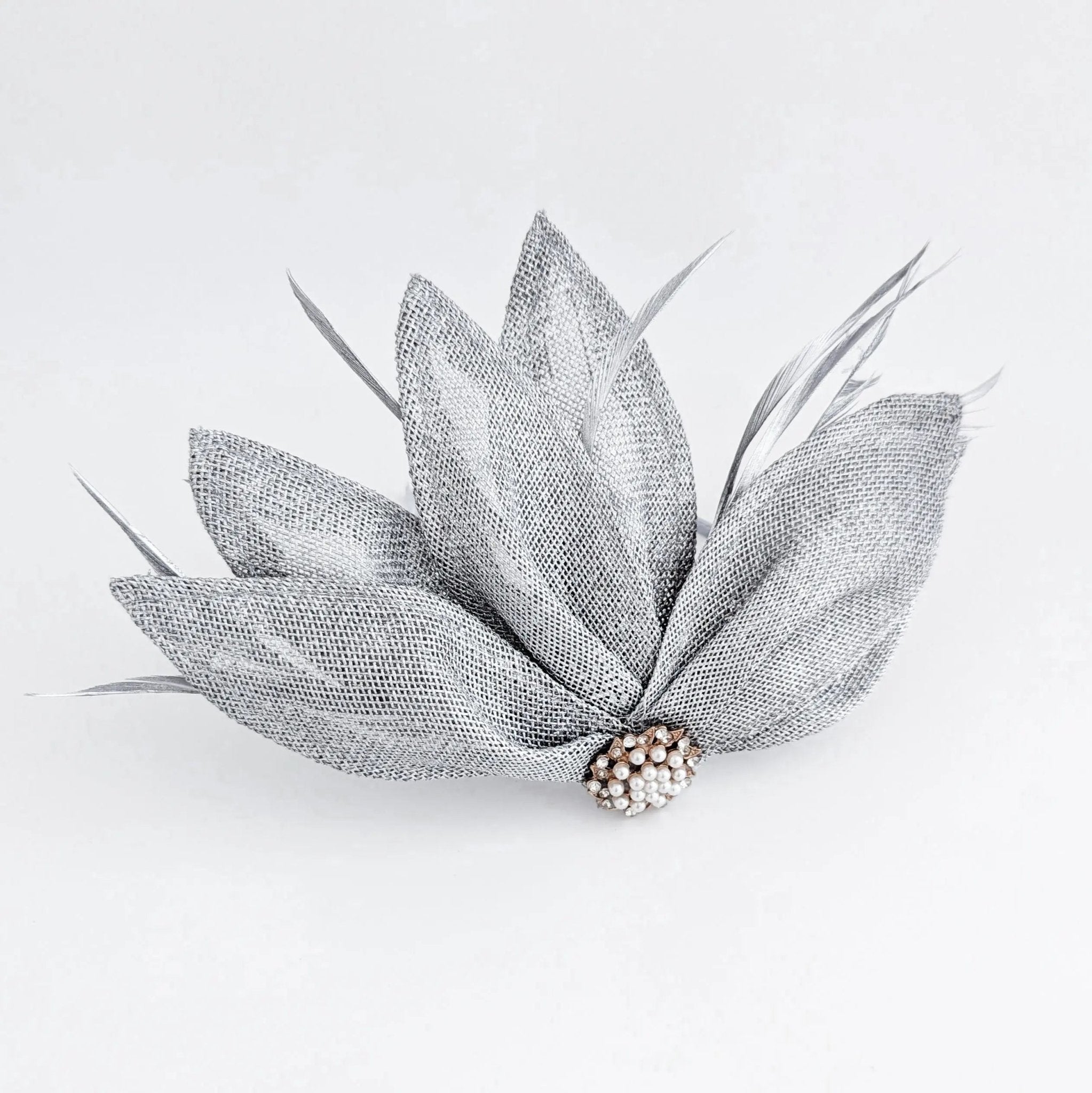 Silver shimmer feather petal fan fascinator hat - House of Hats