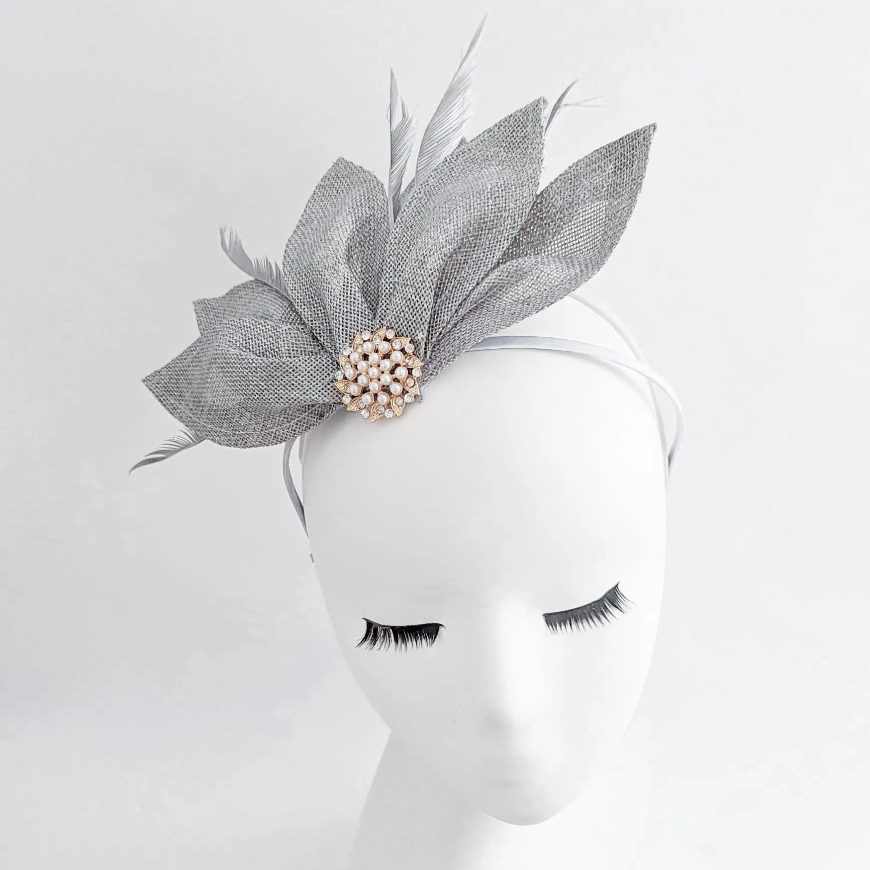 Silver shimmer feather petal fan fascinator hat - House of Hats