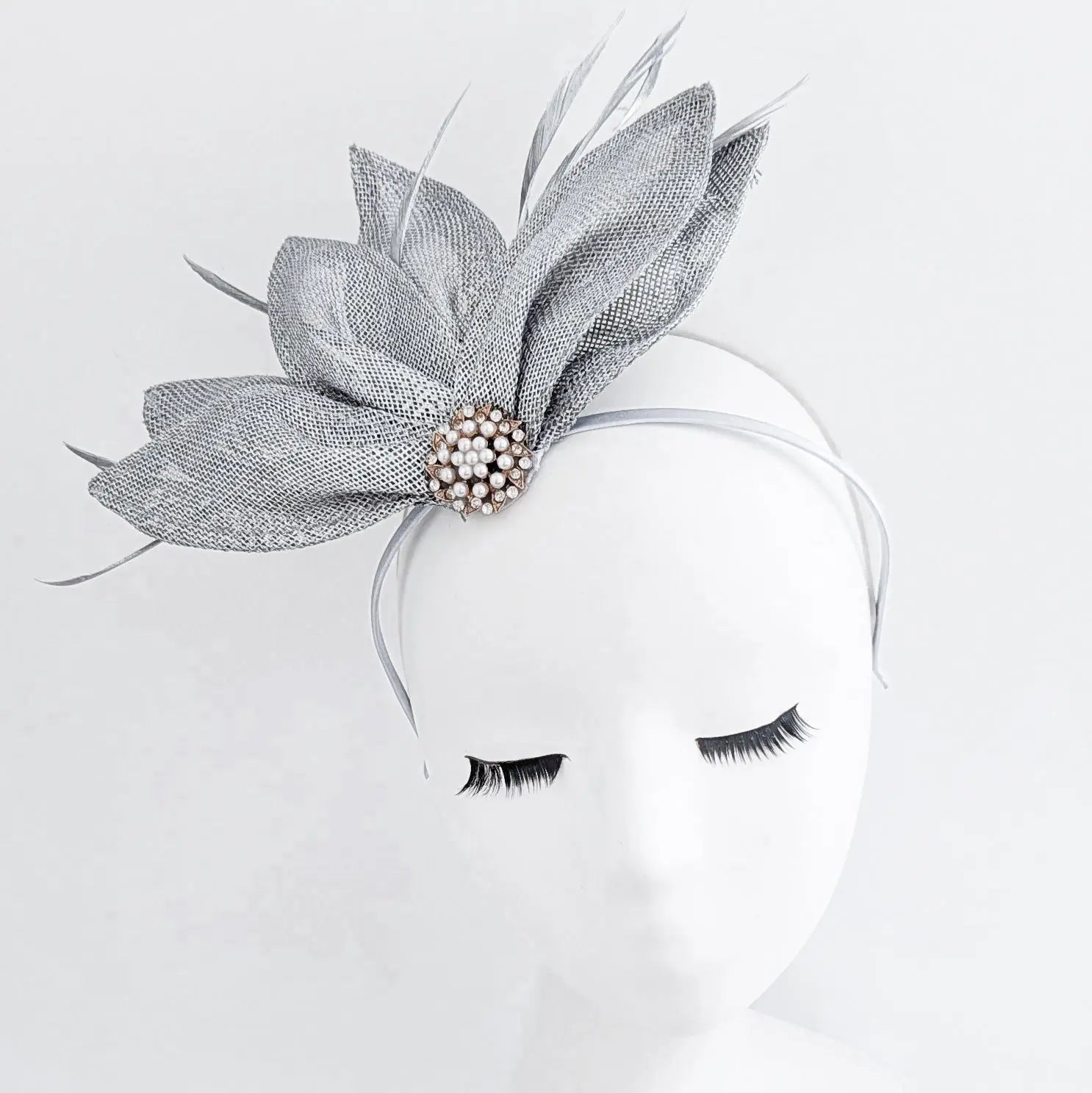 Silver shimmer feather petal fan fascinator hat - House of Hats