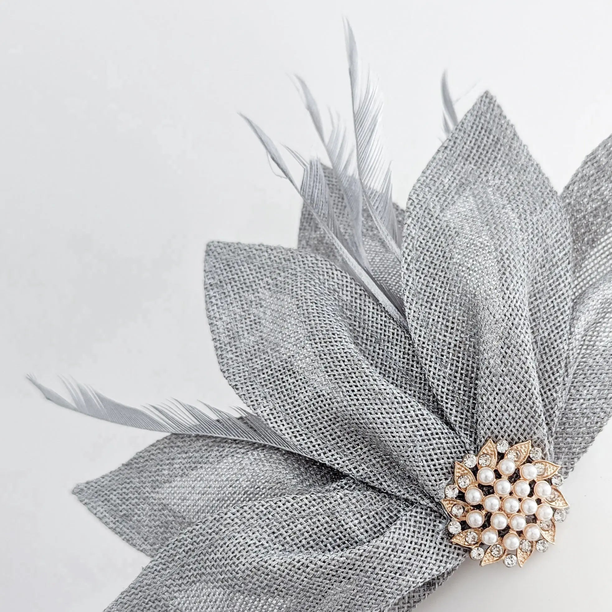 Silver shimmer feather petal fan fascinator hat - House of Hats
