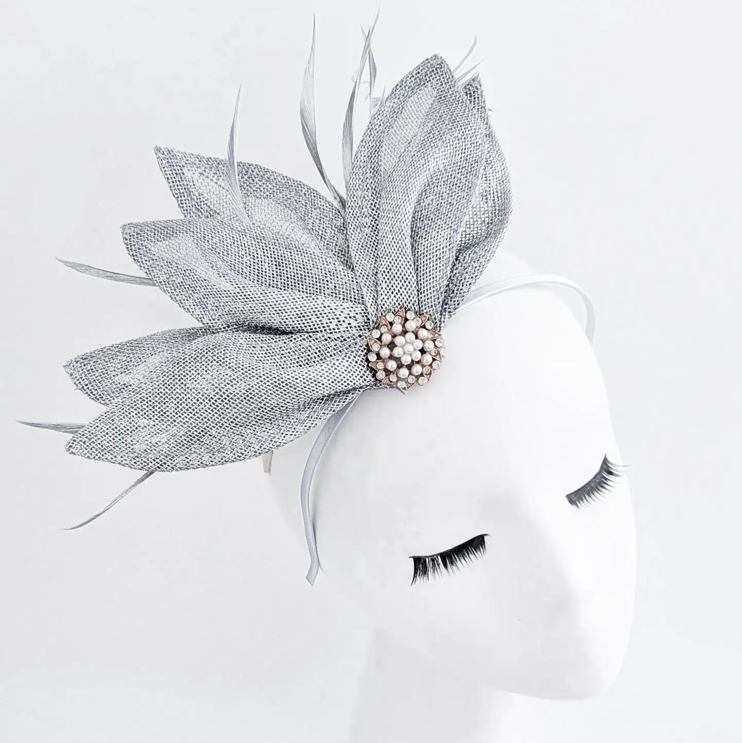 Silver shimmer feather petal fan fascinator hat - House of Hats