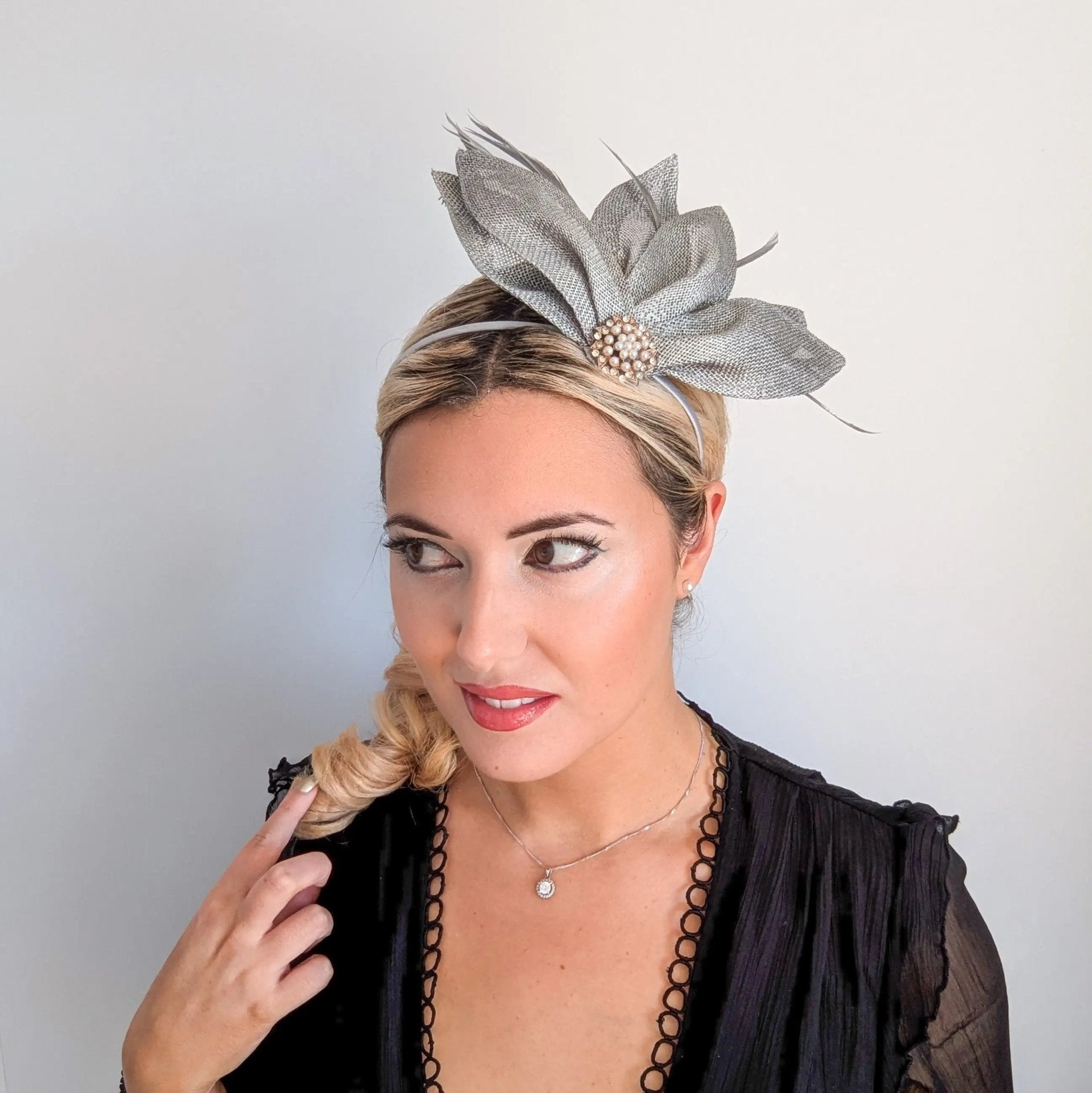 Silver shimmer feather petal fan fascinator hat - House of Hats