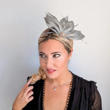 Silver shimmer feather petal fan fascinator hat - House of Hats