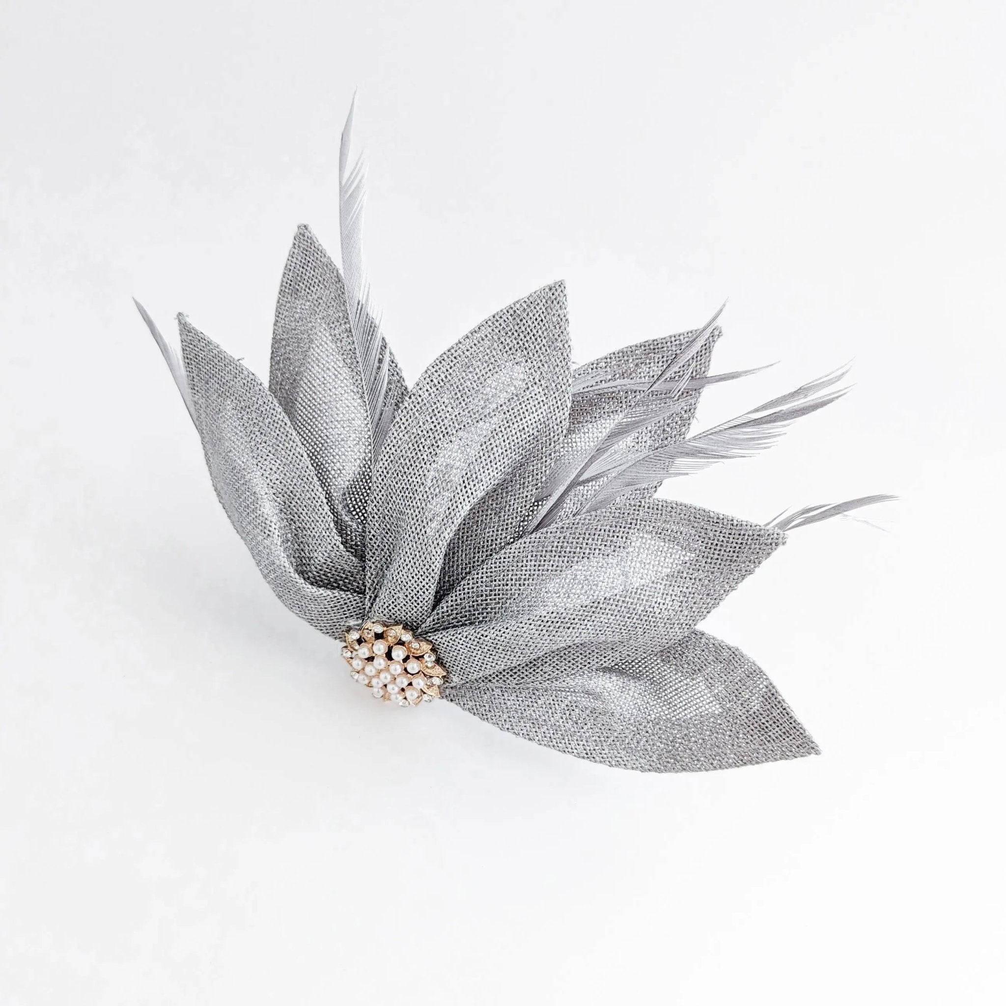 Silver shimmer feather petal fan fascinator hat - House of Hats