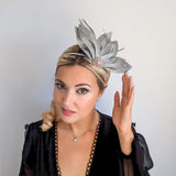 Silver shimmer feather petal fan fascinator hat - House of Hats