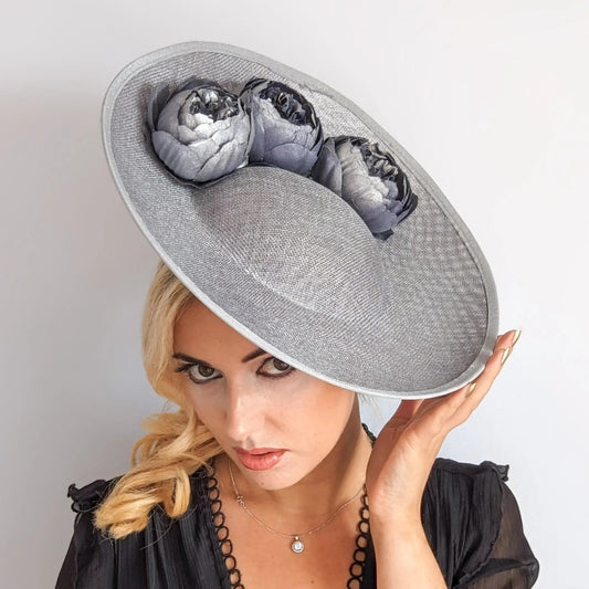 Silver shimmer flower large saucer disc fascinator hat - House of Hats