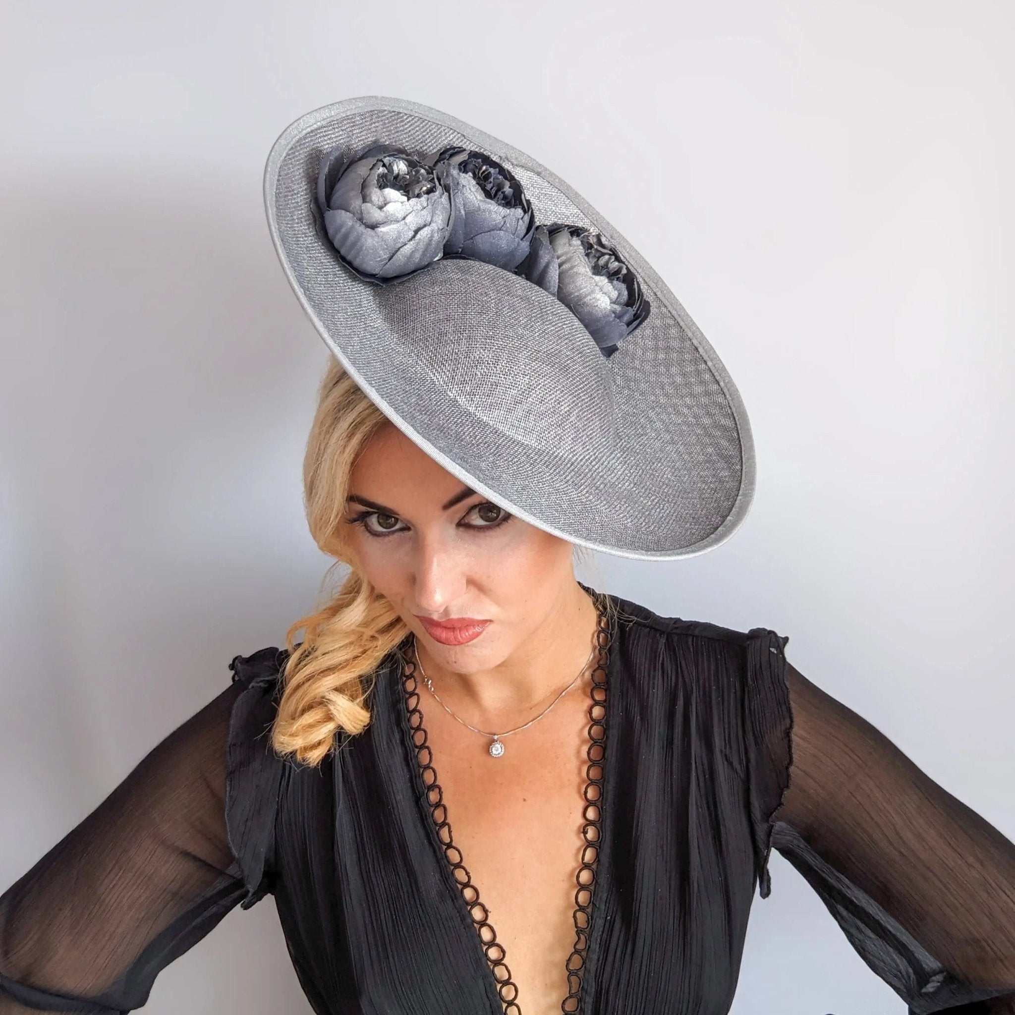 Silver shimmer flower large saucer disc fascinator hat - House of Hats