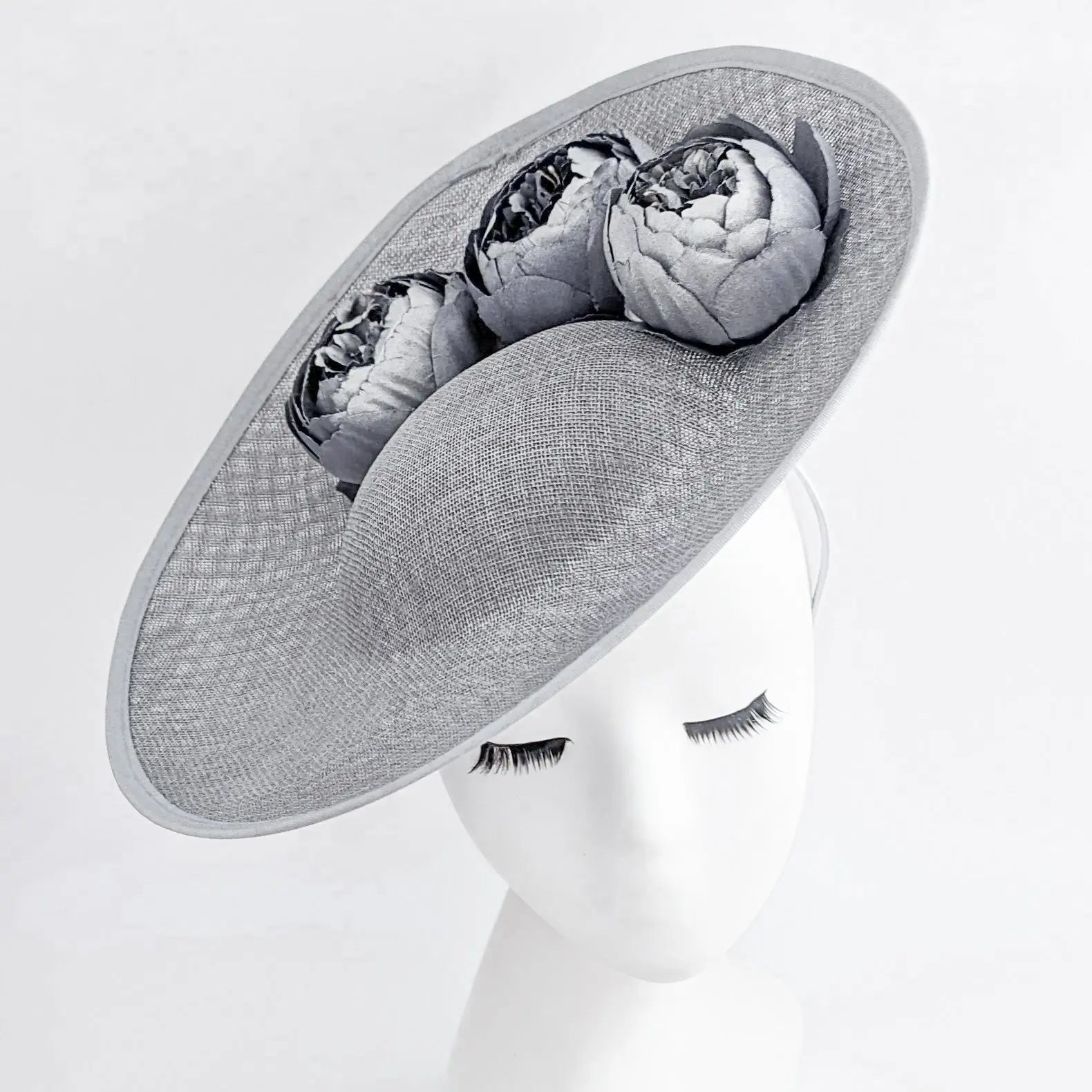 Silver shimmer flower large saucer disc fascinator hat - House of Hats