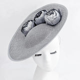 Silver shimmer flower large saucer disc fascinator hat - House of Hats
