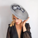 Silver shimmer flower large saucer disc fascinator hat - House of Hats