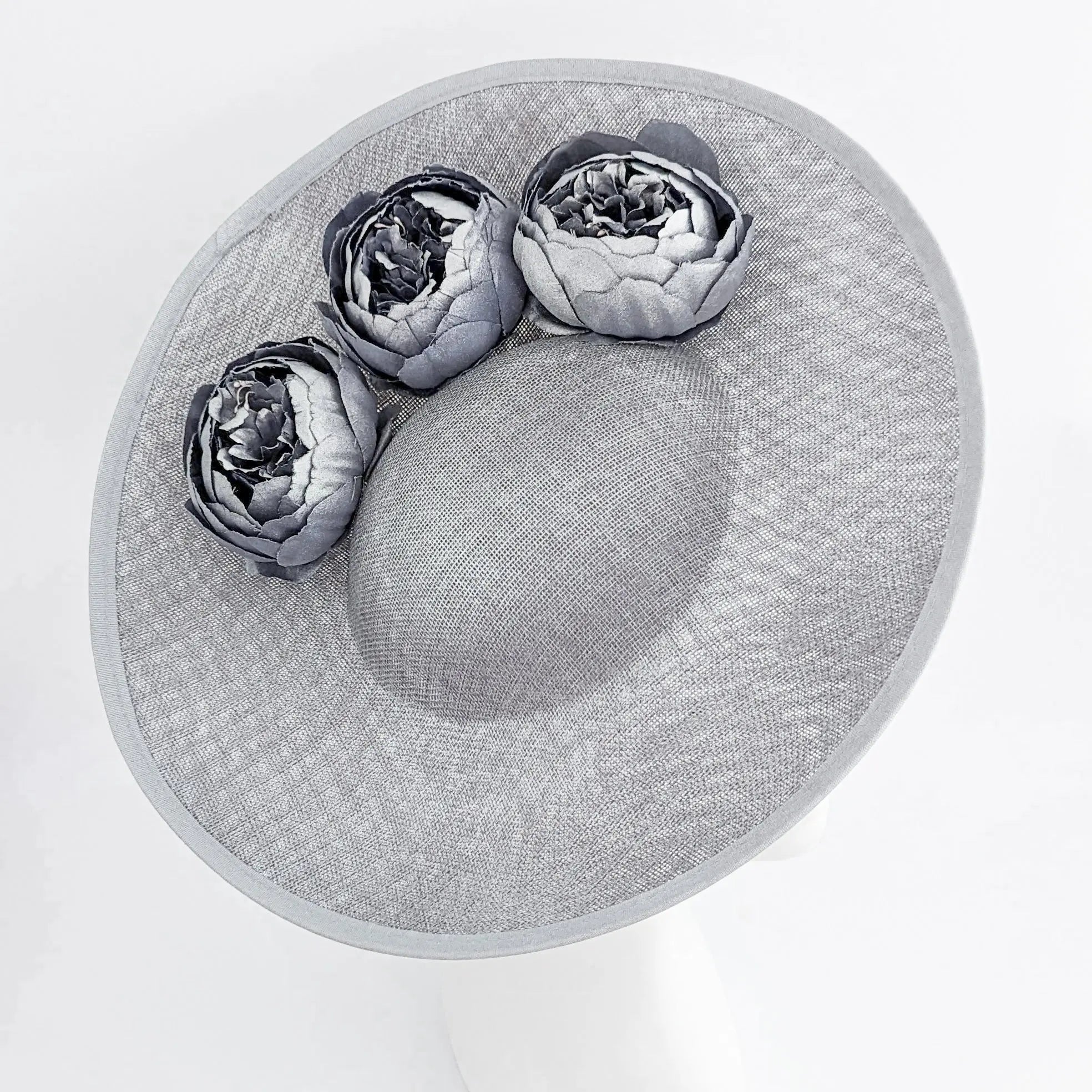 Silver shimmer flower large saucer disc fascinator hat - House of Hats