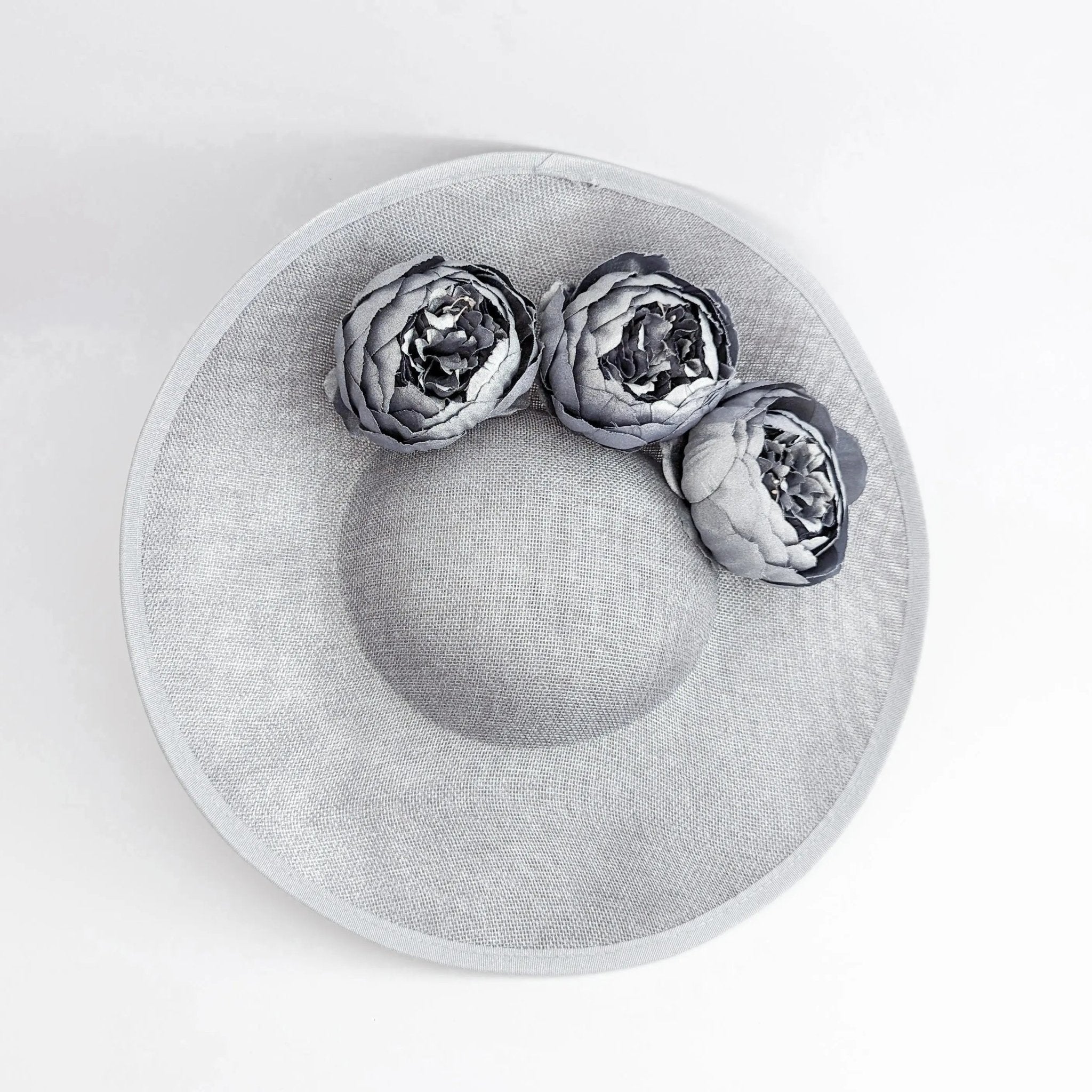 Silver shimmer flower large saucer disc fascinator hat - House of Hats