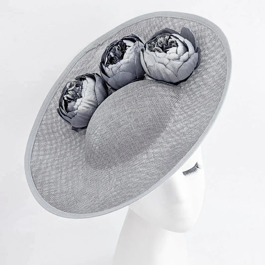 Silver shimmer flower large saucer disc fascinator hat - House of Hats
