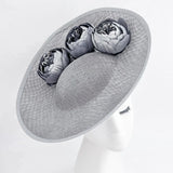 Silver shimmer flower large saucer disc fascinator hat - House of Hats