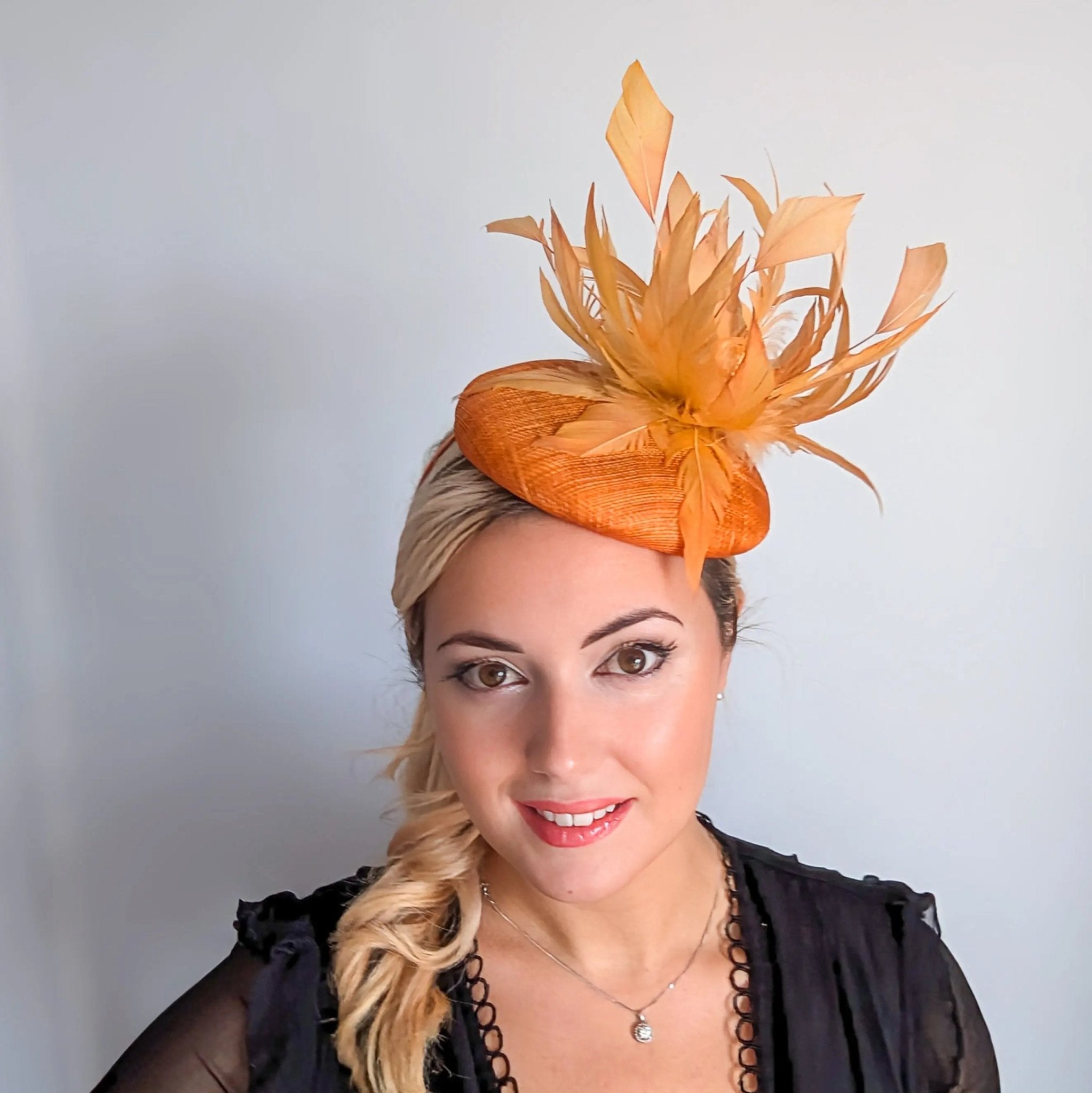 Tangerine orange feather fascinator hat - House of Hats