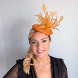 Tangerine orange feather fascinator hat - House of Hats