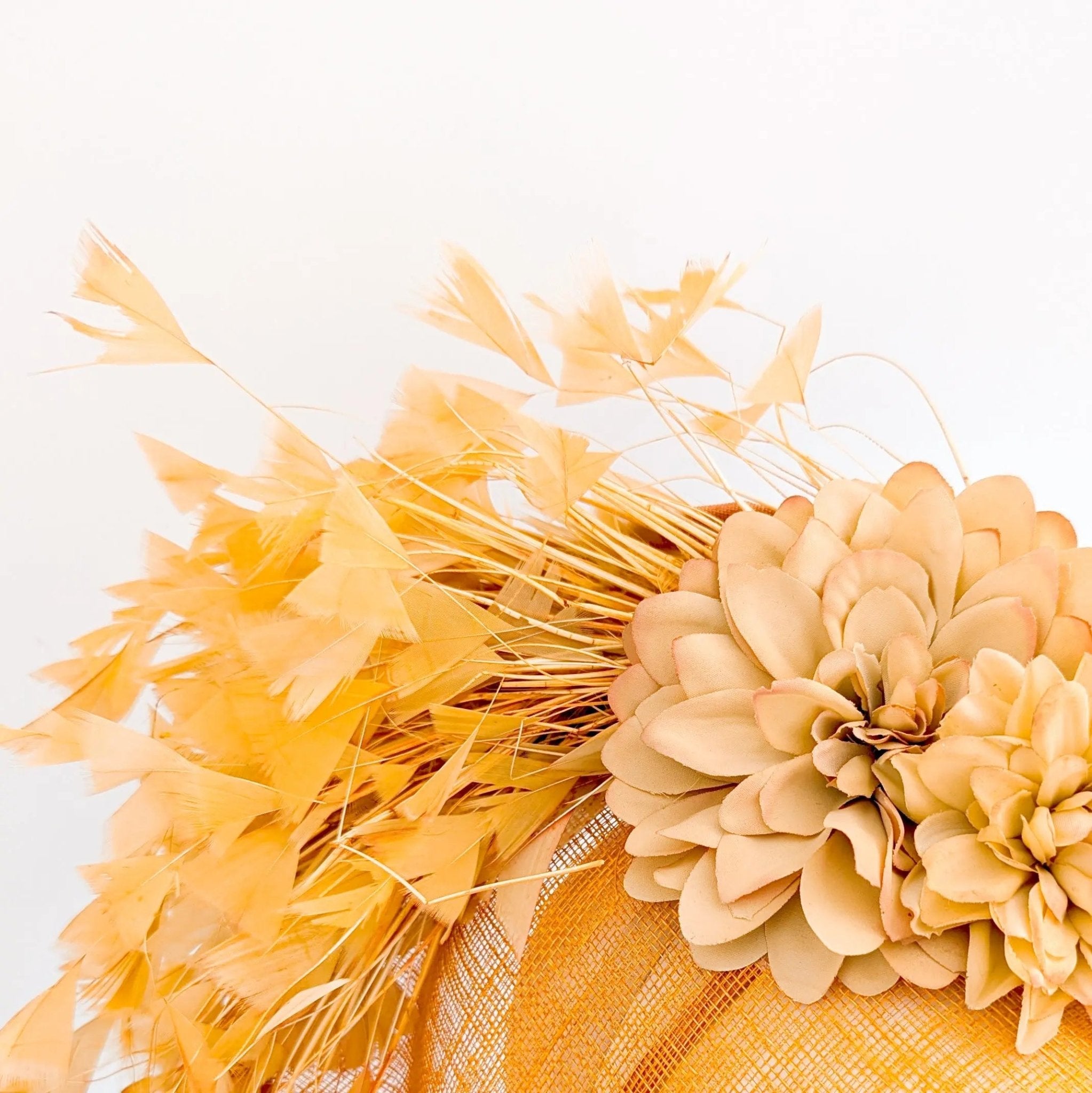 Tangerine orange flower feather disc fascinator hat - House of Hats