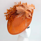 Terracotta dusty orange large feather disc fascinator hat - House of Hats