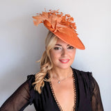 Terracotta dusty orange large feather disc fascinator hat - House of Hats