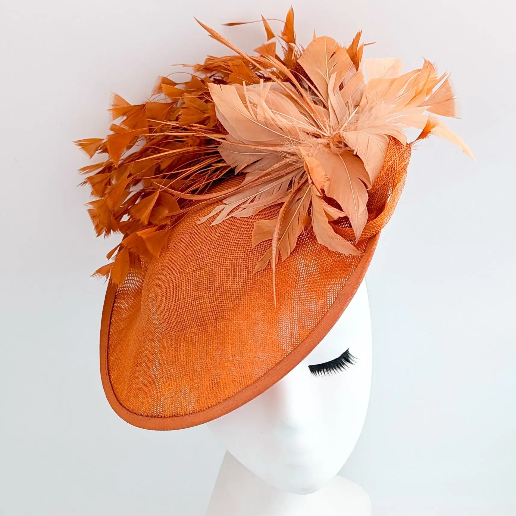 Terracotta dusty orange large feather disc fascinator hat - House of Hats