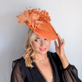 Terracotta dusty orange large feather disc fascinator hat - House of Hats