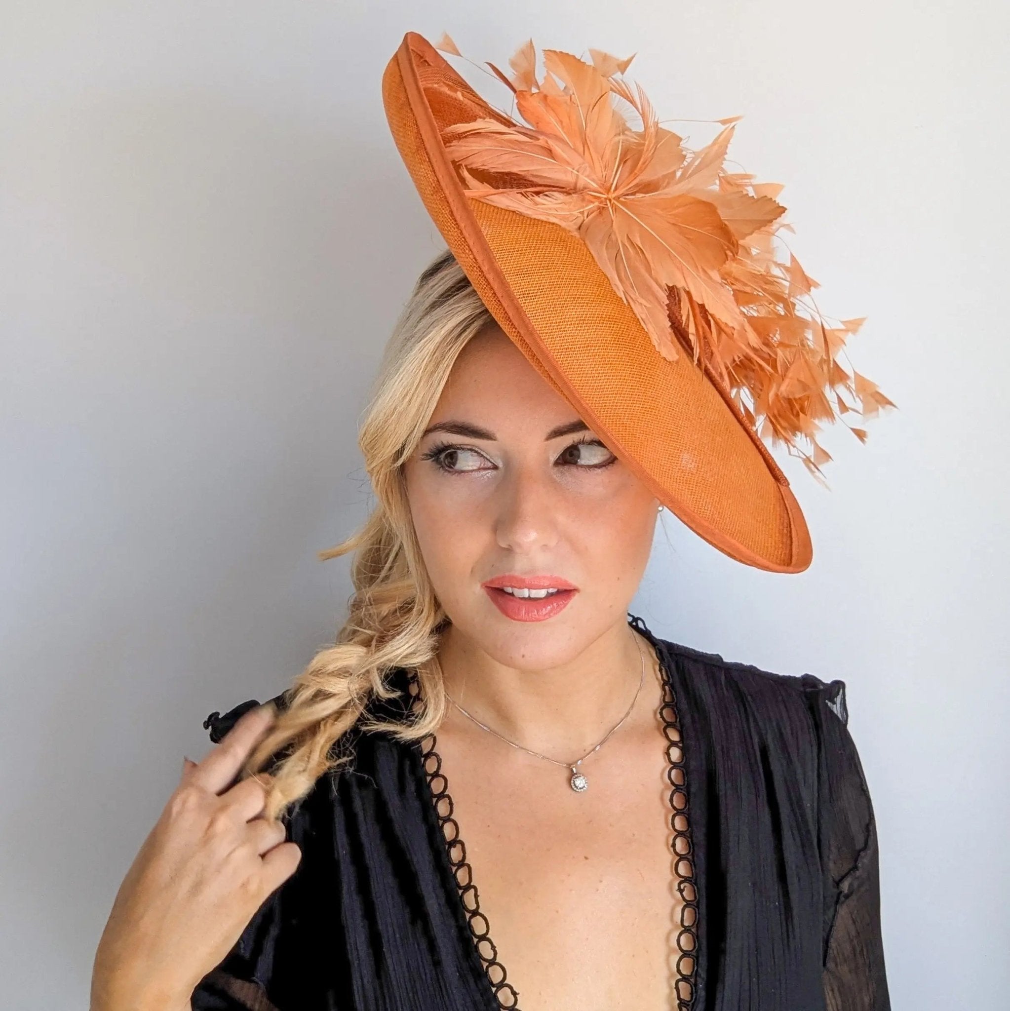 Terracotta dusty orange large feather oval disc fascinator hat - House of Hats