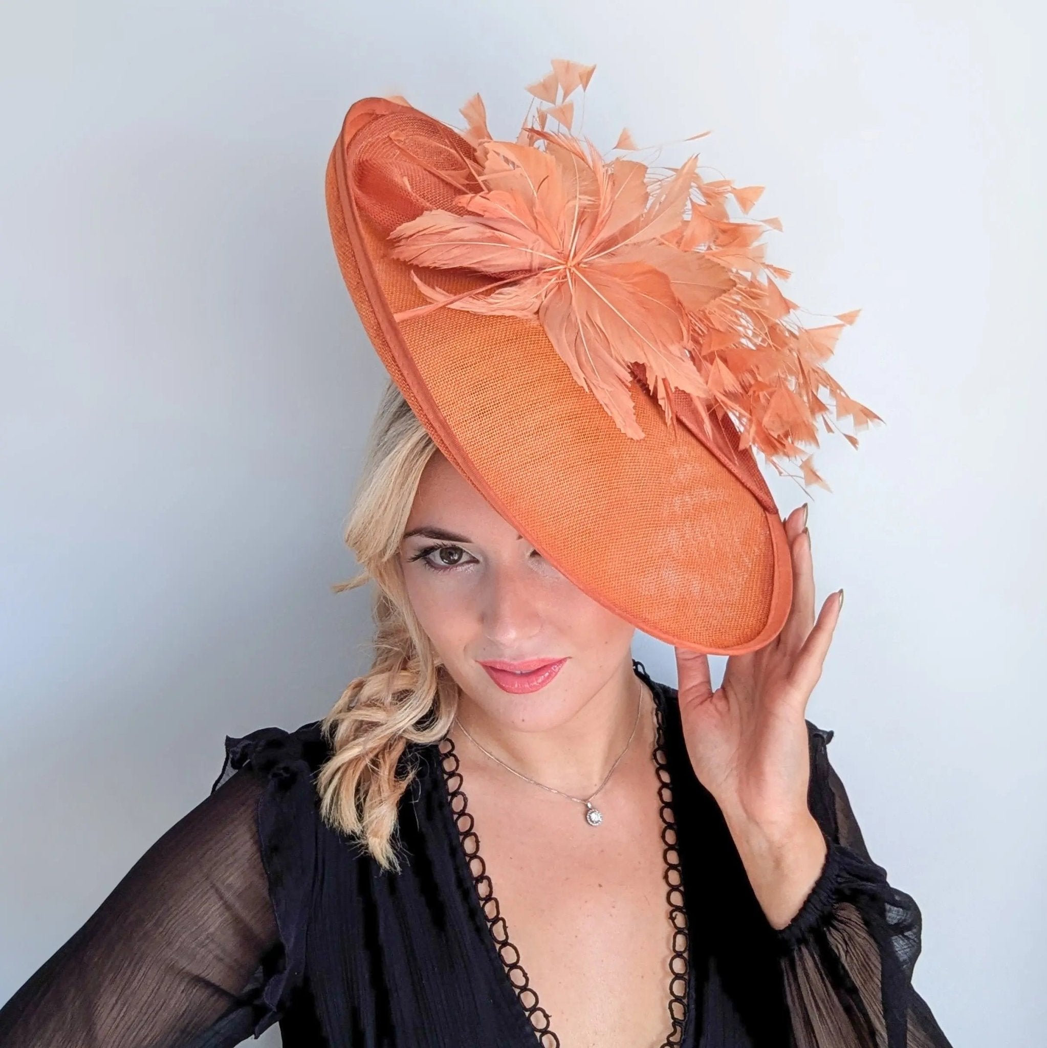 Terracotta dusty orange large feather oval disc fascinator hat - House of Hats