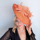 Terracotta dusty orange large feather oval disc fascinator hat - House of Hats