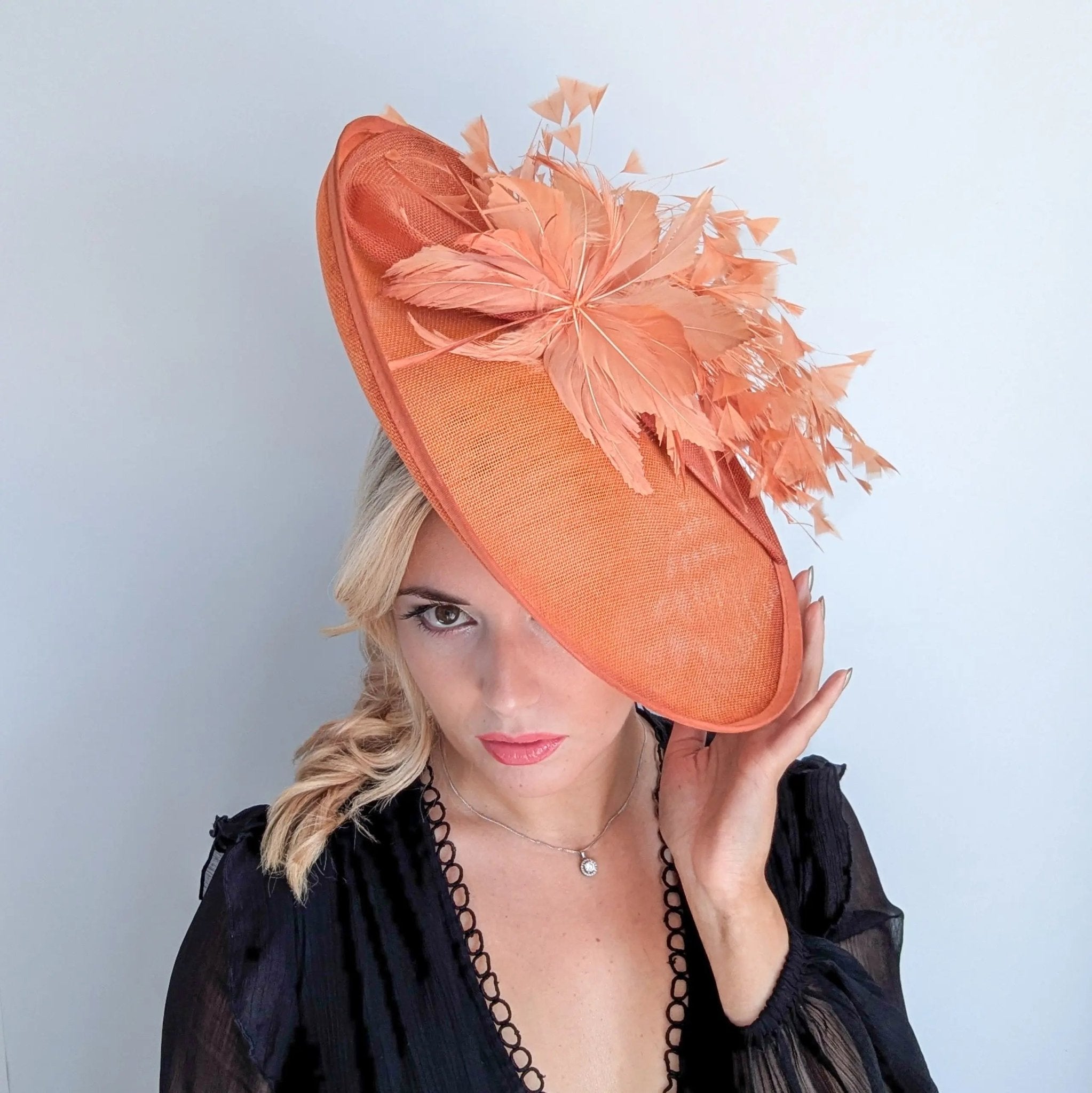 Terracotta dusty orange large feather oval disc fascinator hat - House of Hats