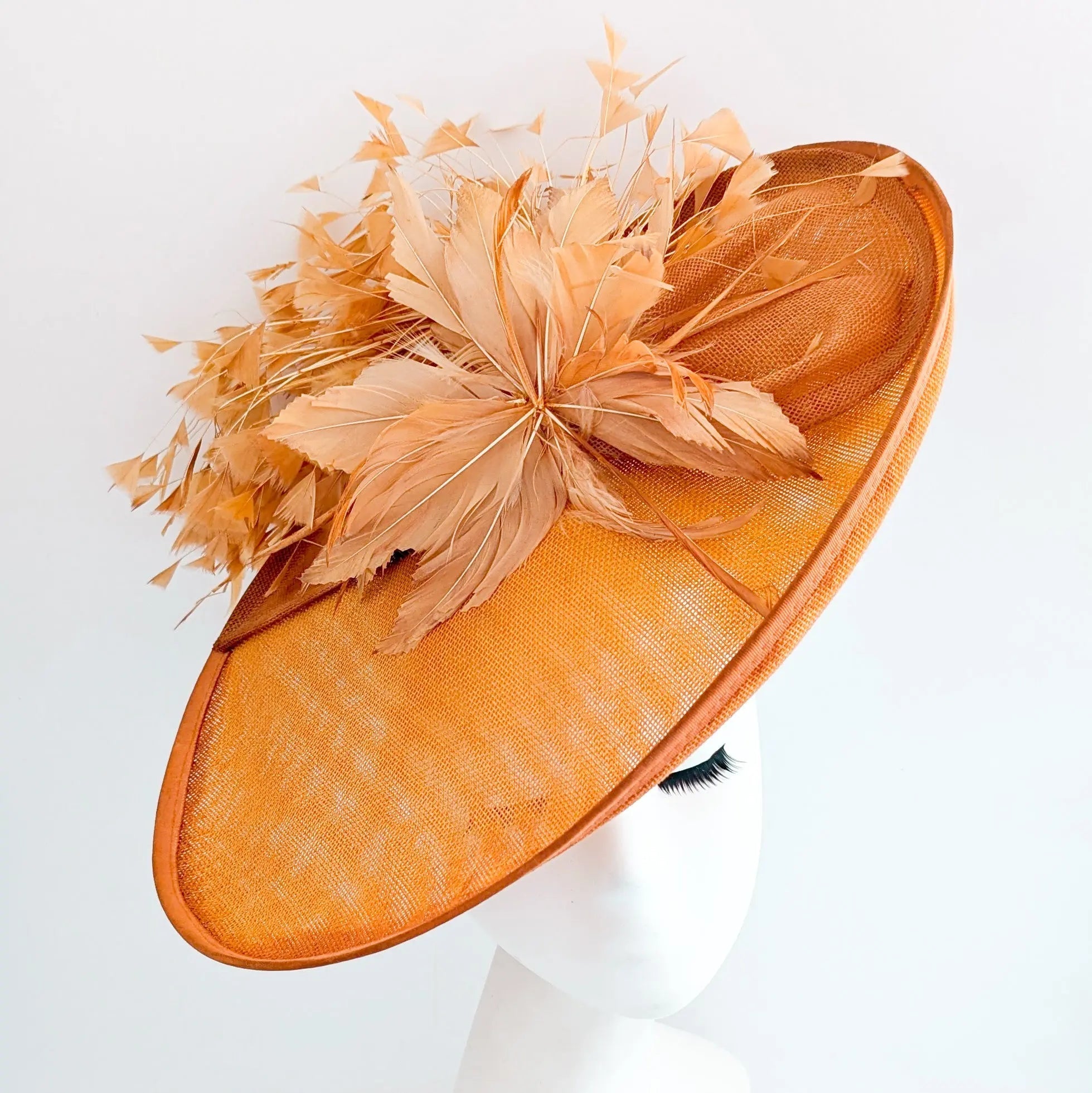 Terracotta dusty orange large feather oval disc fascinator hat - House of Hats