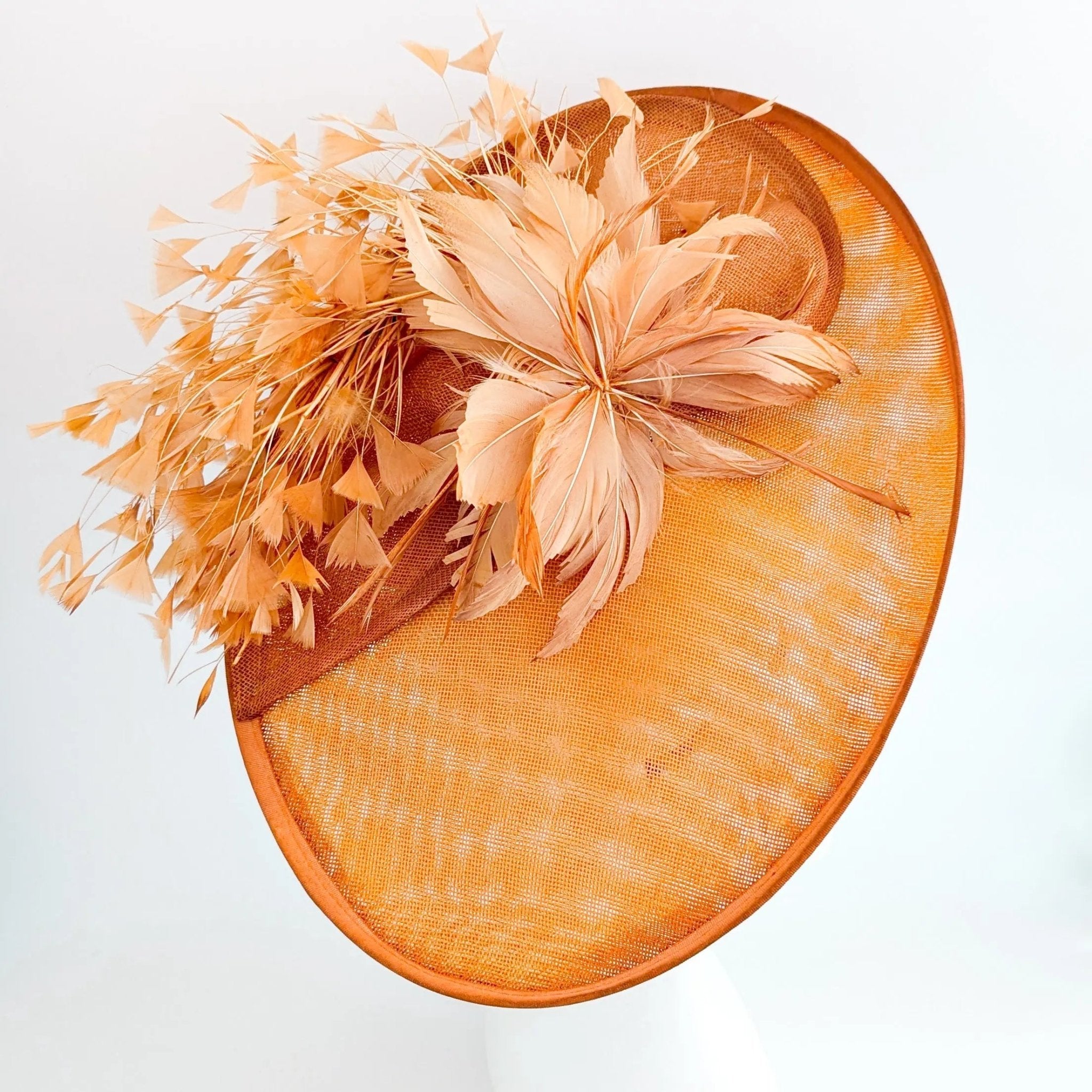 Terracotta dusty orange large feather oval disc fascinator hat - House of Hats
