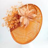 Terracotta dusty orange large feather oval disc fascinator hat - House of Hats