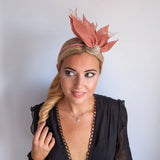 Terracotta dusty pink feather petal fan fascinator hat - House of Hats