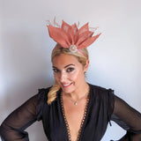 Terracotta dusty pink feather petal fan fascinator hat - House of Hats